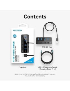HUB USB VENTION 4 PUERTOS USB 3.0 BLACK + CABLE USB/M - USB-C/M 2