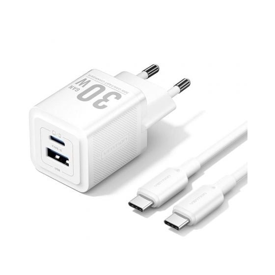 CARGADOR DE PARED VENTION GAN USB-C 30W WHITE + CABLE USB-C 1M WHITE