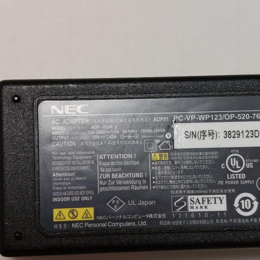 NEC　ノートPC用　ACアダプタ　19V　ADP91　3.42A　純正ジャンク