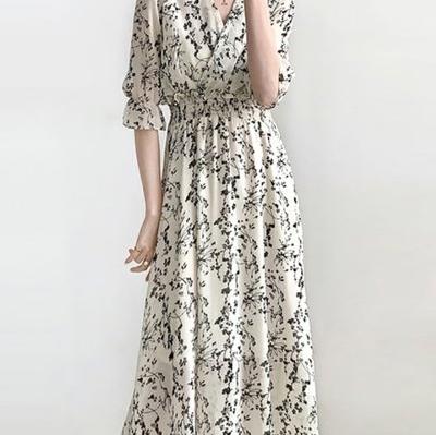 セール】花柄シフォンワンピース Vネック ウエストゴム 五分袖 (504154758) ドゥーベル(Doux Belle) MAGASEEK